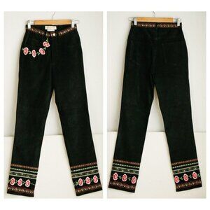 Vintage 90s Margaret Godfrey Black Suede Colourful Embroidered Straight Leg Pant